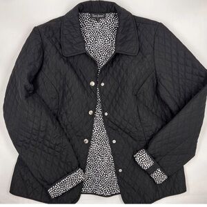Black Quilted snap front, light weight, Polka dot lined Coat. Size 10/Med. EUC